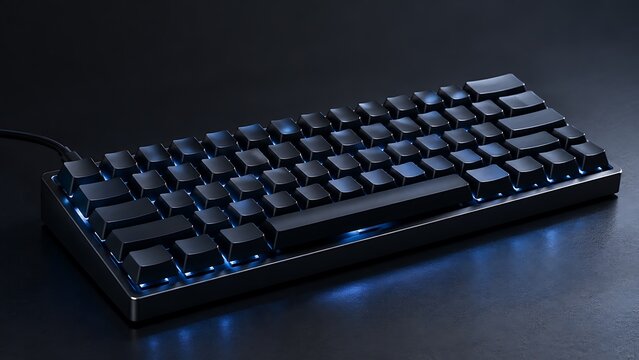 A sleek, compact mechanical keyboard with black keycaps and subtle blue backlighting, presented on a dark, reflective surface.