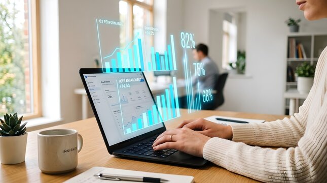 A professional works on a laptop with transparent blue charts and financial indicators in a bright office, illustrating business intelligence, performance monitoring and data analysis.