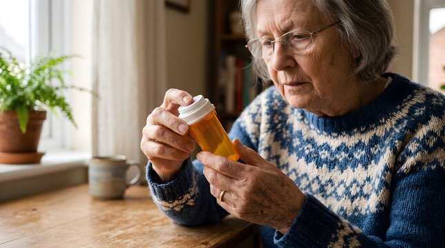 An elderly woman carefully examines a medicine bottle at home, illustrating medication management, aging, healthcare routines, prescription awareness, and the importance of safe treatment practices.
