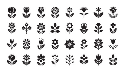 Fototapeta premium Assorted black flower icons silhouette collection for botanical graphic design and nature plant elements.