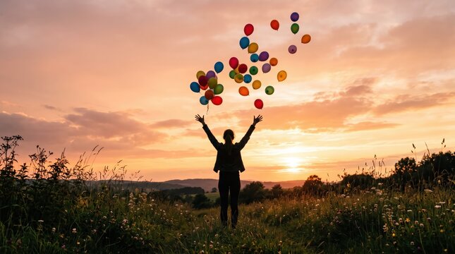 Silhouette of person releasing colorful balloons into sunset sky, freedom celebration, happiness and joy concept, letting go of worries in nature field at dusk