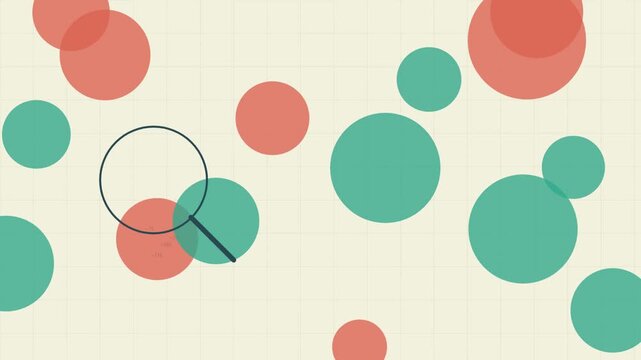 Magnifying glass examining colorful transparent circles on a grid background Abstract motion graphics background