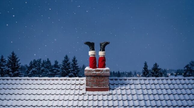 Humorous seasonal scene of Santa Claus trapped inside red brick chimney on snow-covered roof with legs and black boots flailing upward overlooking misty snowy pine woods on Christmas Eve