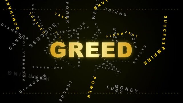 Golden Word Cloud Greed with Related Terms Dark Background Abstract Motion