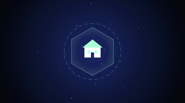 Minimalist animated house icon with light effects on a dark blue background representing home real estate or security