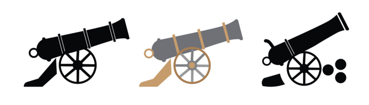 Ancient cannon vector set featuring historical artillery military weapon designs and vintage iron cannons isolated on a clean white background