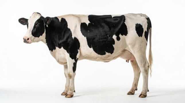 Black and white holstein cow standing isolated on white background