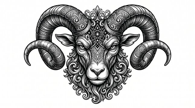 Intricate ram head illustration with ornate tribal patterns and