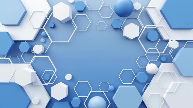 An airy digital environment with floating outlined hexagons and matte geometric forms against a powder blue gradient. The restrained motion and generous negative space make this background suitable fo