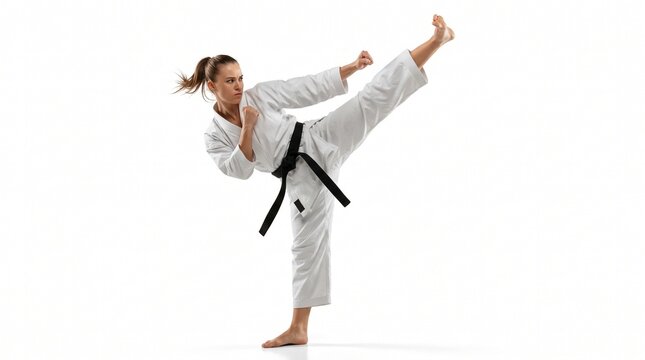 Woman in white karate gi with black belt performing high kick pose on white background, martial arts training and discipline concept