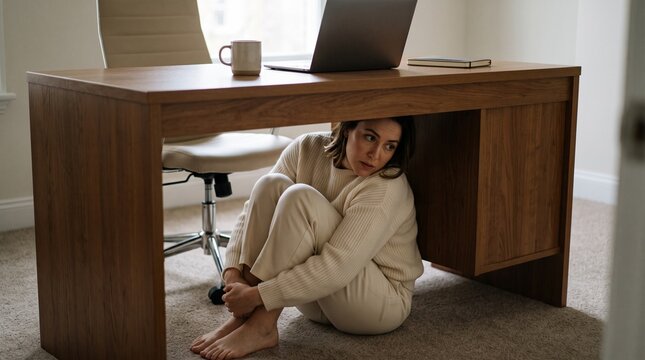 Stressed Woman Hiding Under Office Desk Crying and Hugging Knees for Workplace Anxiety Concept