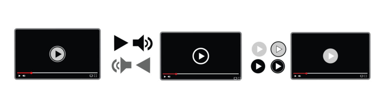Video player interface set vector illustration featuring play buttons audio volume speaker icons streaming media display controls isolated on white background