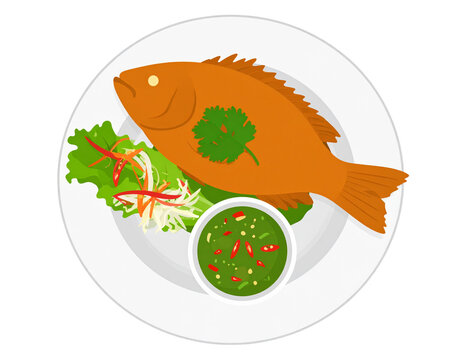 Thai fried snapper with fish sauce illustration. Asian deep-fried sea bass Isolated on transparent or white background