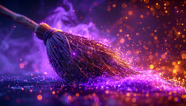 Magic Broom Sweeping Sparkles: A whimsical broom, infused with magical purple and orange light, sweeps across a dark surface, leaving a trail of shimmering particles and ethereal smoke.