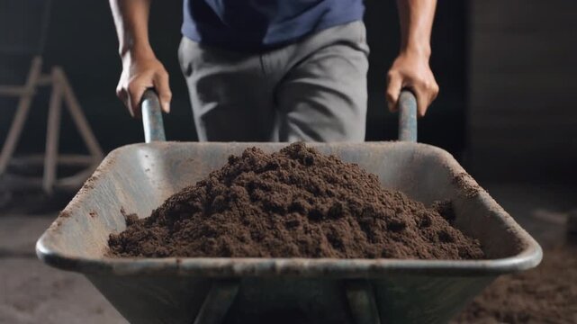 A worker pushes a wheelbarrow filled with loose soil across a construction area, illustrating manual material handling, groundwork preparation and heavy physical labor.