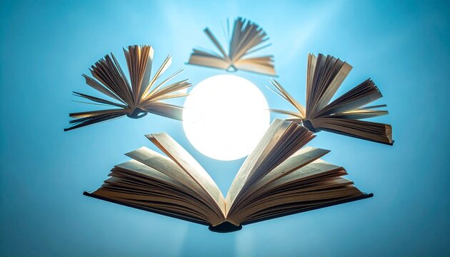 Open Book with Flying Pages and Light.
