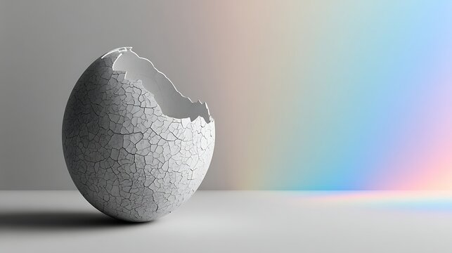 Cracked white eggshell with intricate texture. symbol of new beginnings. isolated on soft gradient