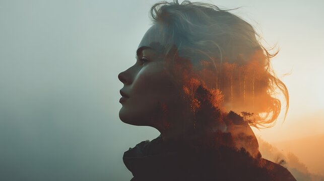 Double exposure of woman s profile and autumnal forest landscape at sunset