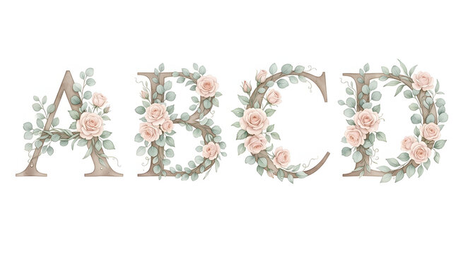 Watercolor botanical letters A B C D monogram set decorated with soft pink roses and green eucalyptus leaves on white background.