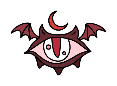 creepy bat winged monster eye with scary crescent moon