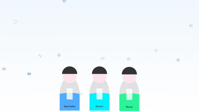 Teamwork concept three cartoon people icons with labeled roles Specialist Doctor Nurse in abstract background