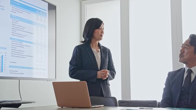画面を見ながら会議するビジネスパーソンのグループ。経営、戦略、相談、会議、ミーティング、チームワーク
