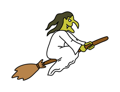 green skin witch flying swiftly on wooden magic broomstick
