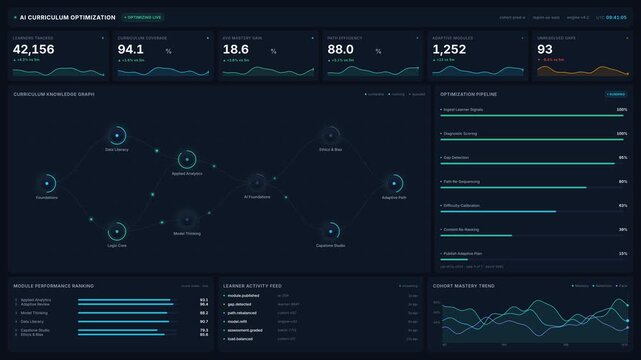 Ai curriculum optimization dashboard with analytics knowledge graph, for adaptive learning, student progress tracking, data driven education management in 4k