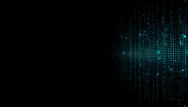 Floating holographic glass plates over glowing cyan dot matrix grid on dark backdrop for desktop wallpaper