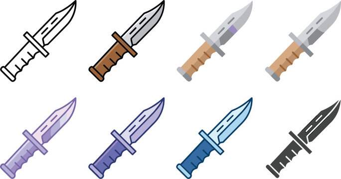 Tactical Combat Knife Vector Set, Military Dagger and Outdoor Survival Hunting Weapon Icons Isolated on White Background