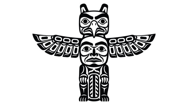 Traditional indigenous totem pole with carved mythological animal faces in striking black and white vector art