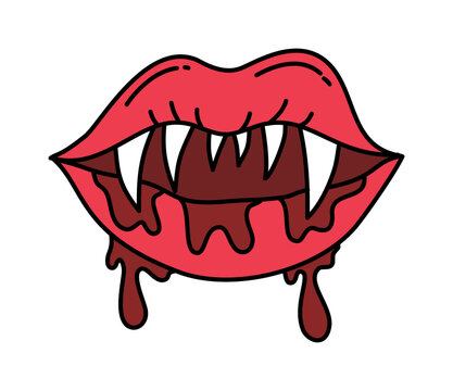 Red vampire lips with sharp fangs and dripping blood