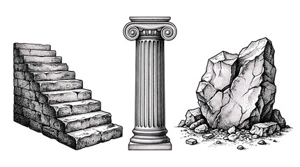 Fototapeta premium Set of architectural elements including stone stairs, a classic column, and a large rock isolated on transparent background