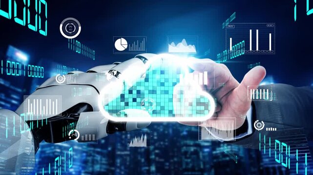 This image showcases the collaboration between a robot hand and a human hand, symbolizing data connectivity and cloud technology in a modern business landscape. Xenic