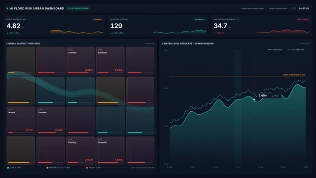 Ai flood risk urban dashboard for live water level monitoring, sensor data, district risk grid, for smart city safety, 4k analytics, flood prevention