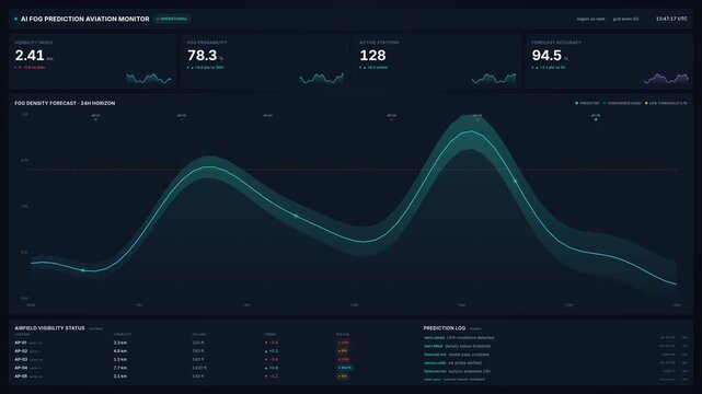 Ai fog prediction aviation monitor dashboard with visibility index, fog probability, forecast accuracy, for weather intelligence 4k data for smart airports