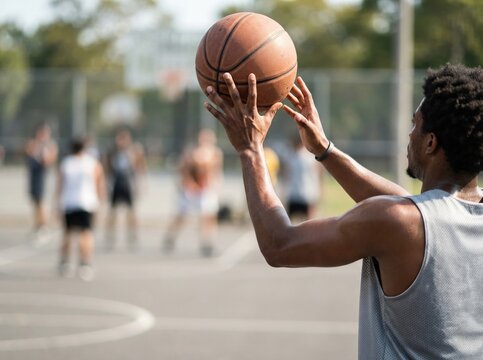 community basketball shooting practice Man preparing to shoot basketball on outdoor court with players in background
