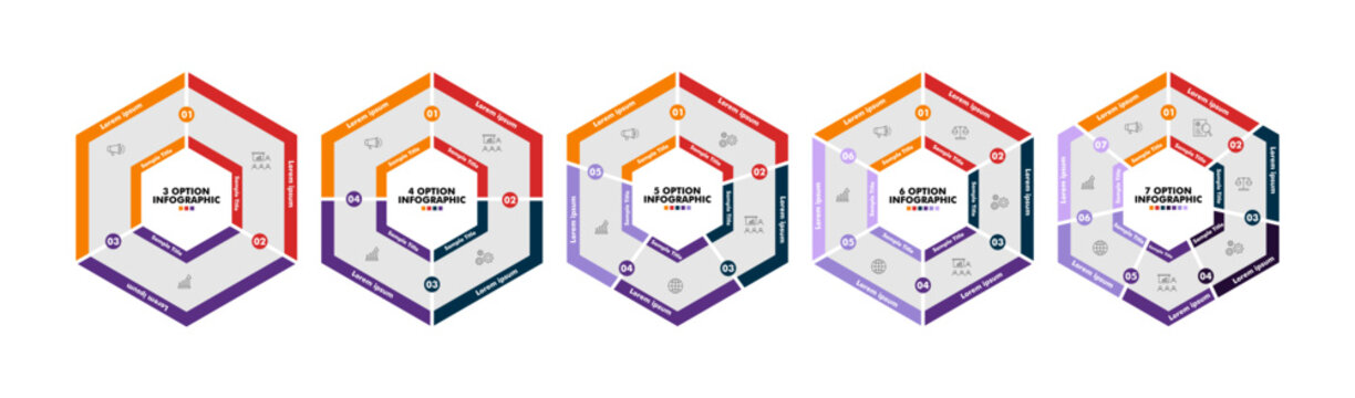 Infographic template set featuring 3, 4, 5, 6, or 7 options or step sections suitable for visual presentations, business reports, or research. Editable vector EPS format.