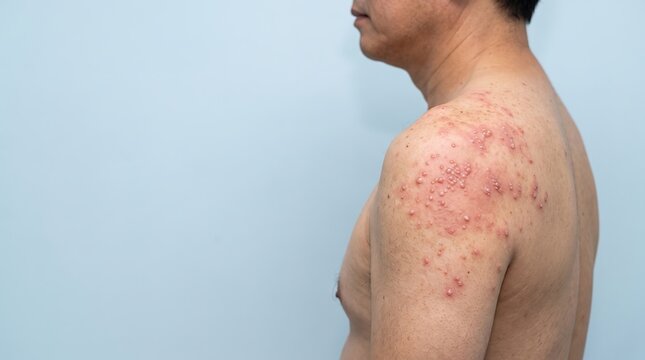 Asian man displaying symptoms of herpes zoster or shingles on his shoulder and back
