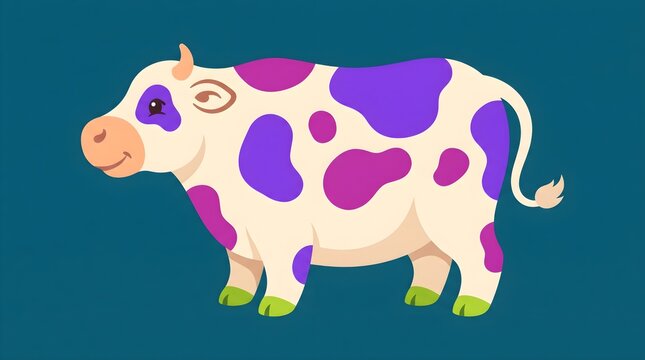 A colorful cartoon cow with purple spots standing against a solid blue background