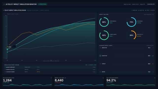 Ai policy impact simulation monitor for scenario trajectory charts circular gauges in, for data, risk 4k, assessment