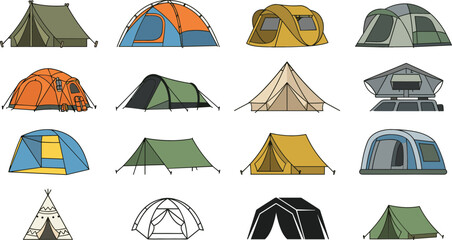 Outdoor camping tent icon collection featuring various tourist dome shelters teepee tarps and rooftop hiking gear vector elements © Mst