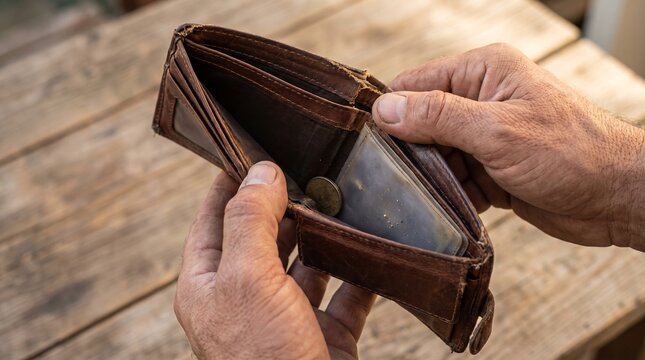 Man holding an empty wallet with a few coins inside.