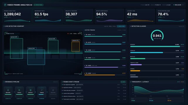 Ai video frame analysis dashboard tracking people vehicles in real time with object, for computer, machine, surveillance 4k, analytics