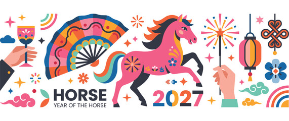 Fototapeta premium Chinese lunar new year of the horse 2027 banner with colorful folk art style illustrations.
