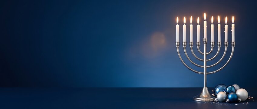 Lit menorah with burning candles and blue silver ornaments for