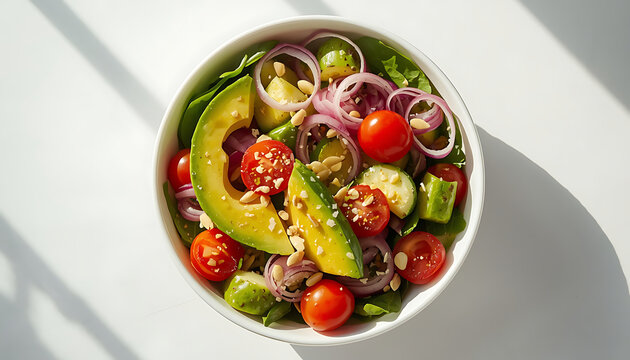 Healthy fresh vegetable salad bowl with sliced avocado cherry tomatoes and red onion on table vegetarian food vegan diet summer light meal photography raw vegeta