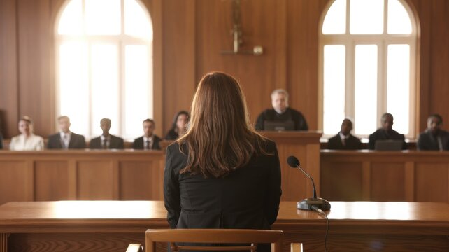 A woman sits at a witness stand in a courtroom facing a judge with formal courtroom during during legal proceeding seen with law