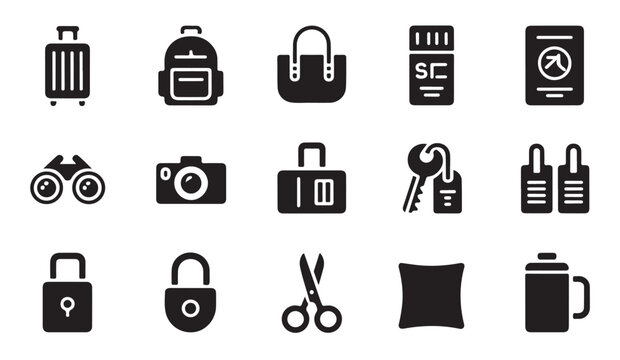 Set of travel icons for journey planning, holidays, and vacation graphic design.