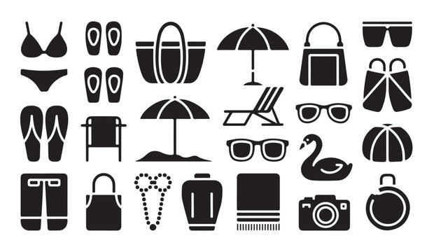 Summer vacation and beach icons for holiday design, travel graphics, and leisure.